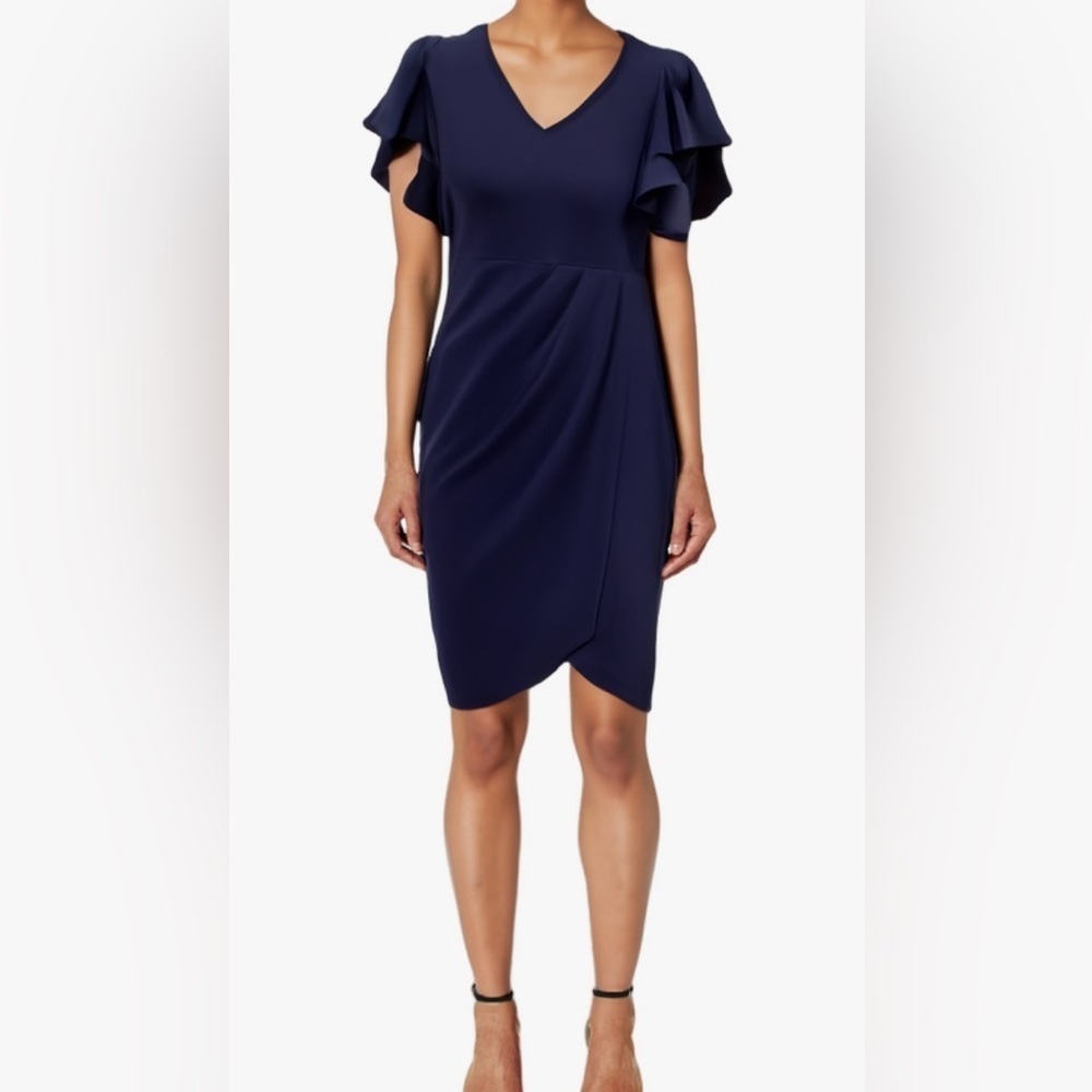 iHot Faux Wrap Ruched Front Ruffle Sleeve Dress - Picture 2 of 9